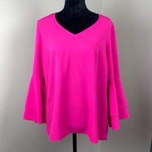 Nygard Hot Pink V-Neck Blouse with Bell Sleeves Ladies Size M